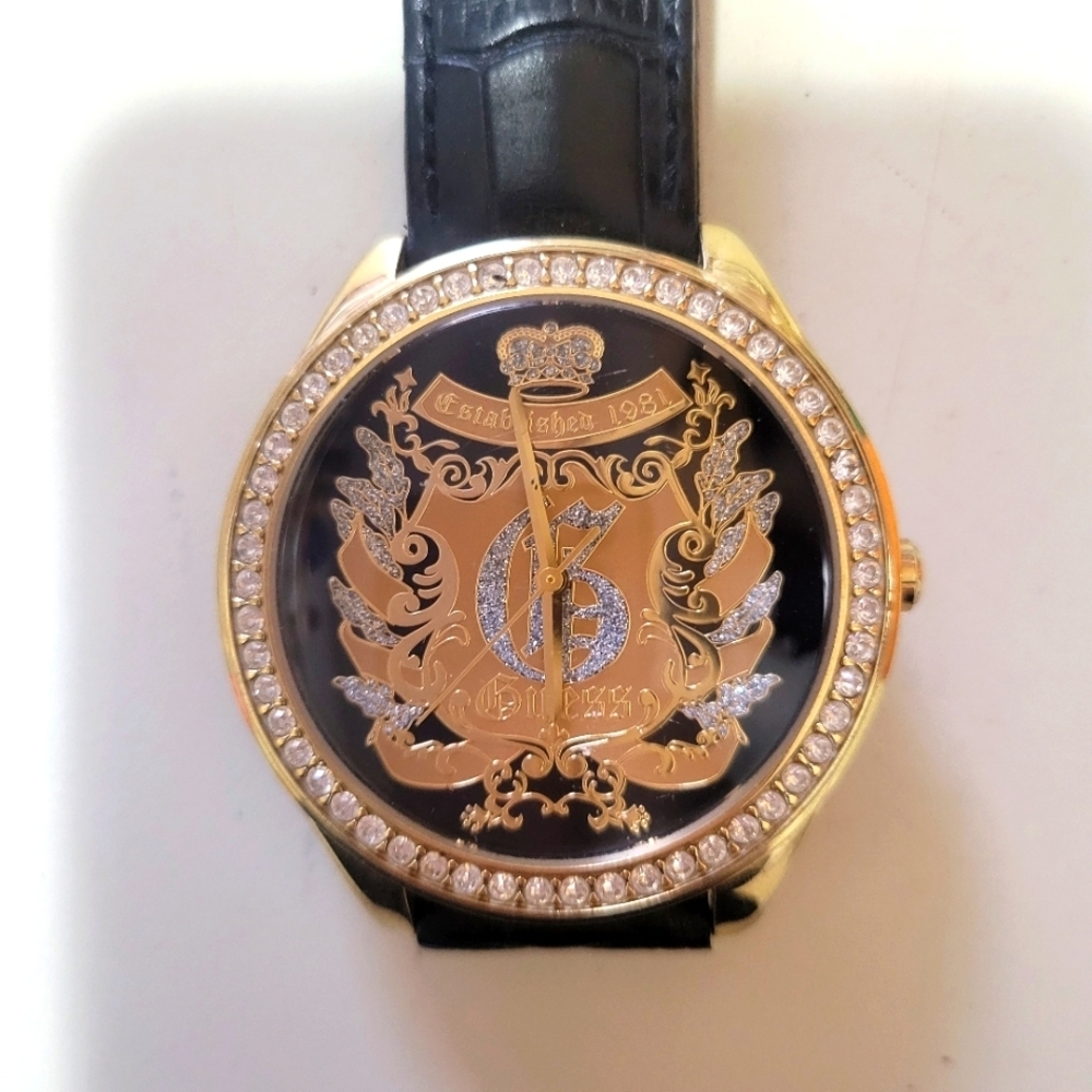Guess‎ Gold and Black Emvlem Watch with Crystal Accents EUC